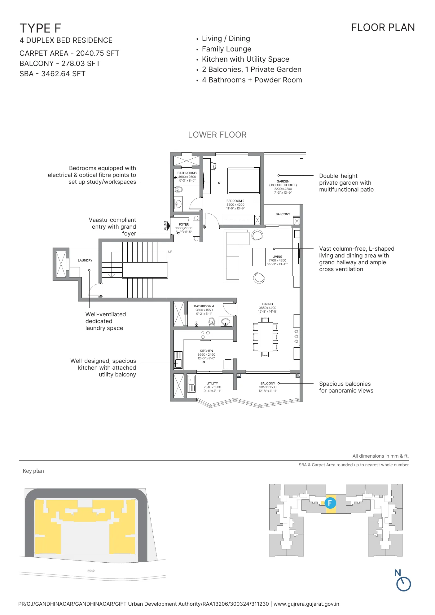 SOBHA Elysia Type F duplex floor plan, lower floor with living, dining, kitchen and private garden, GIFT City
