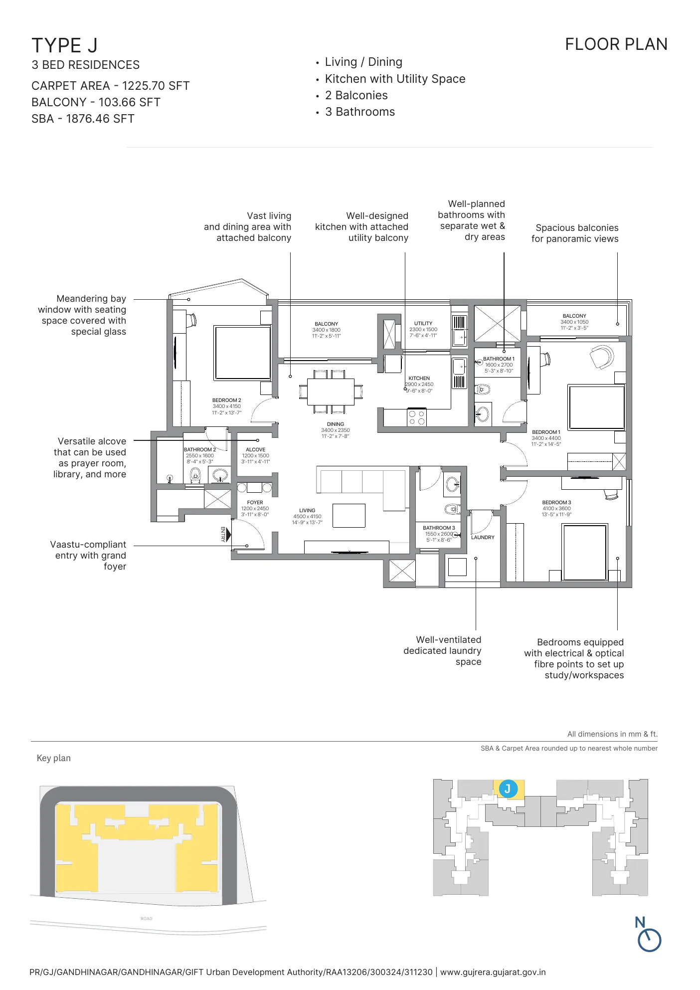 SOBHA Elysia Type J floor plan, 3 Bed Residence with 1876 sq ft SBA, GIFT City Gandhinagar
