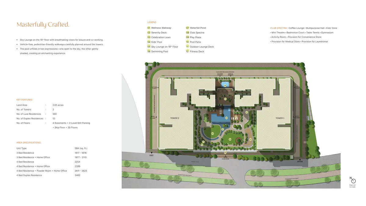 SOBHA Elysia master plan showing 2 towers, Club Spectra clubhouse, pool deck, and landscaped amenities across a 2.65 acre plot in GIFT City, Gandhinagar