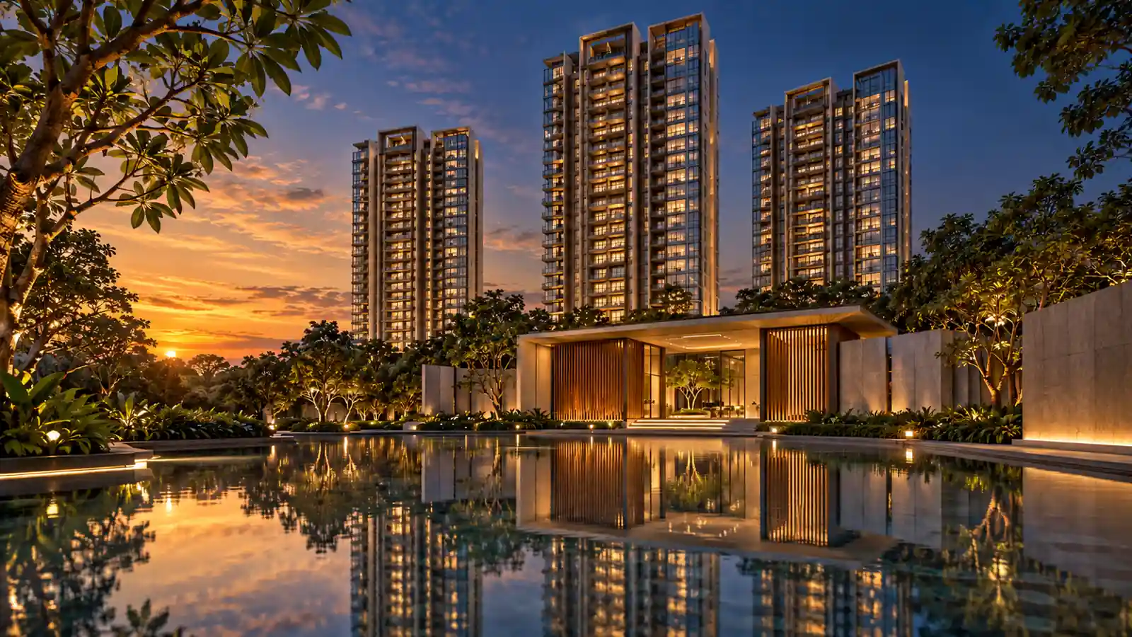 Sobha Liora Windsor Phase 2 towers with clubhouse entrance and reflecting pool at dusk, Whitefield