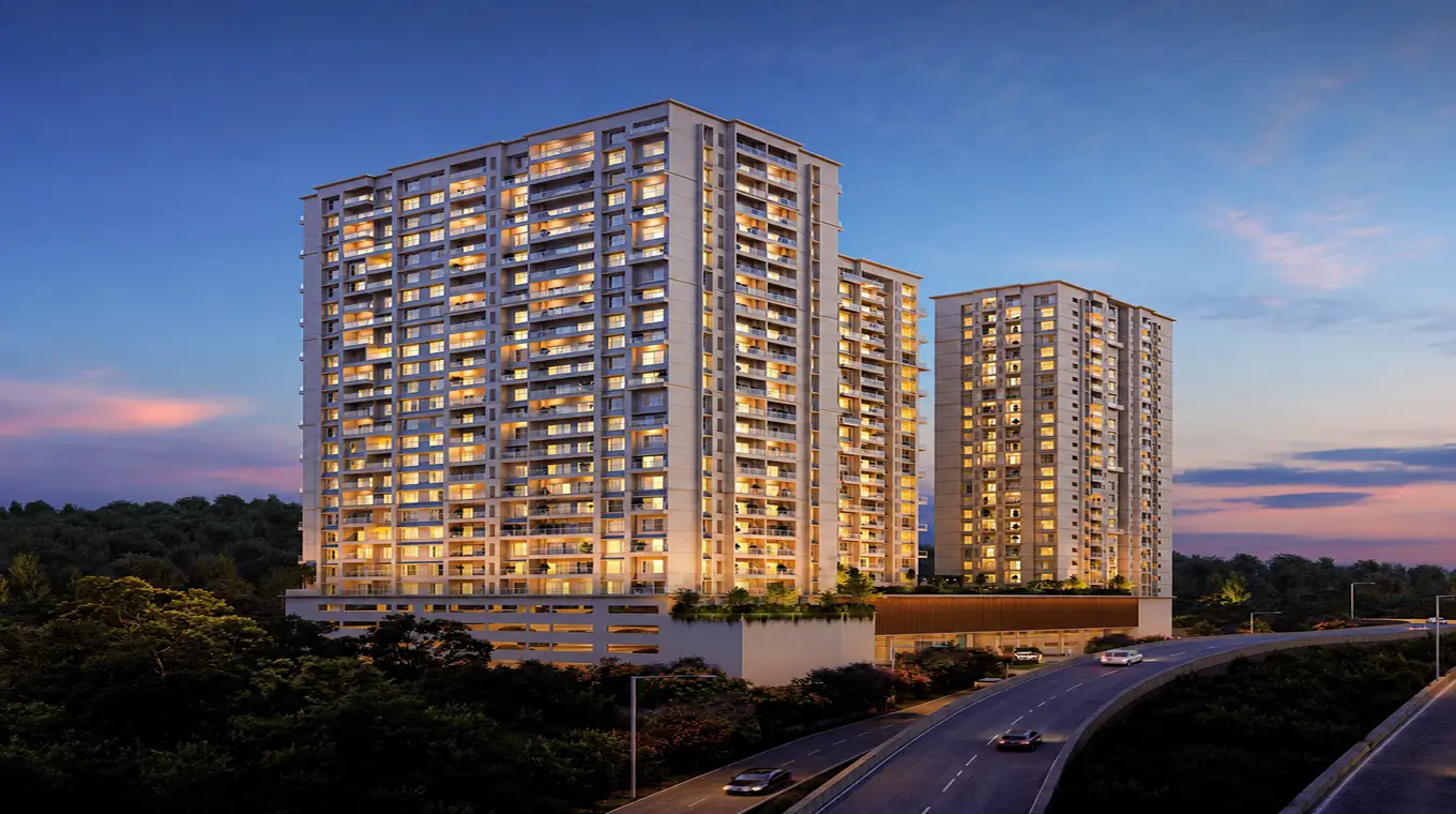 SOBHA Nesara evening exterior view of high-rise towers surrounded by hillside greenery in Kothrud, Pune