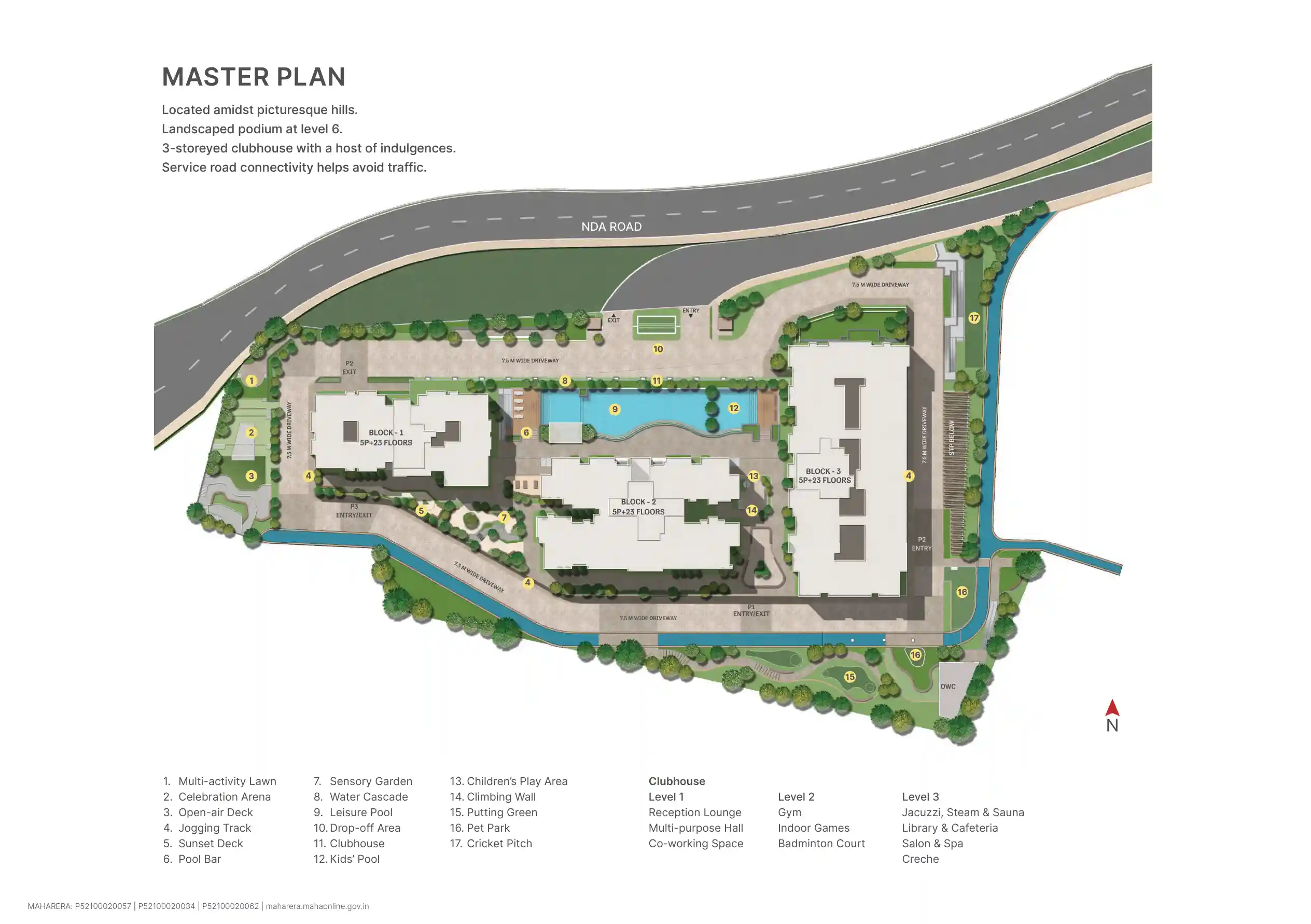 SOBHA Nesara master plan showing Block 1, 2 and 3 layout, clubhouse, pool and amenity zones in Kothrud, Pune