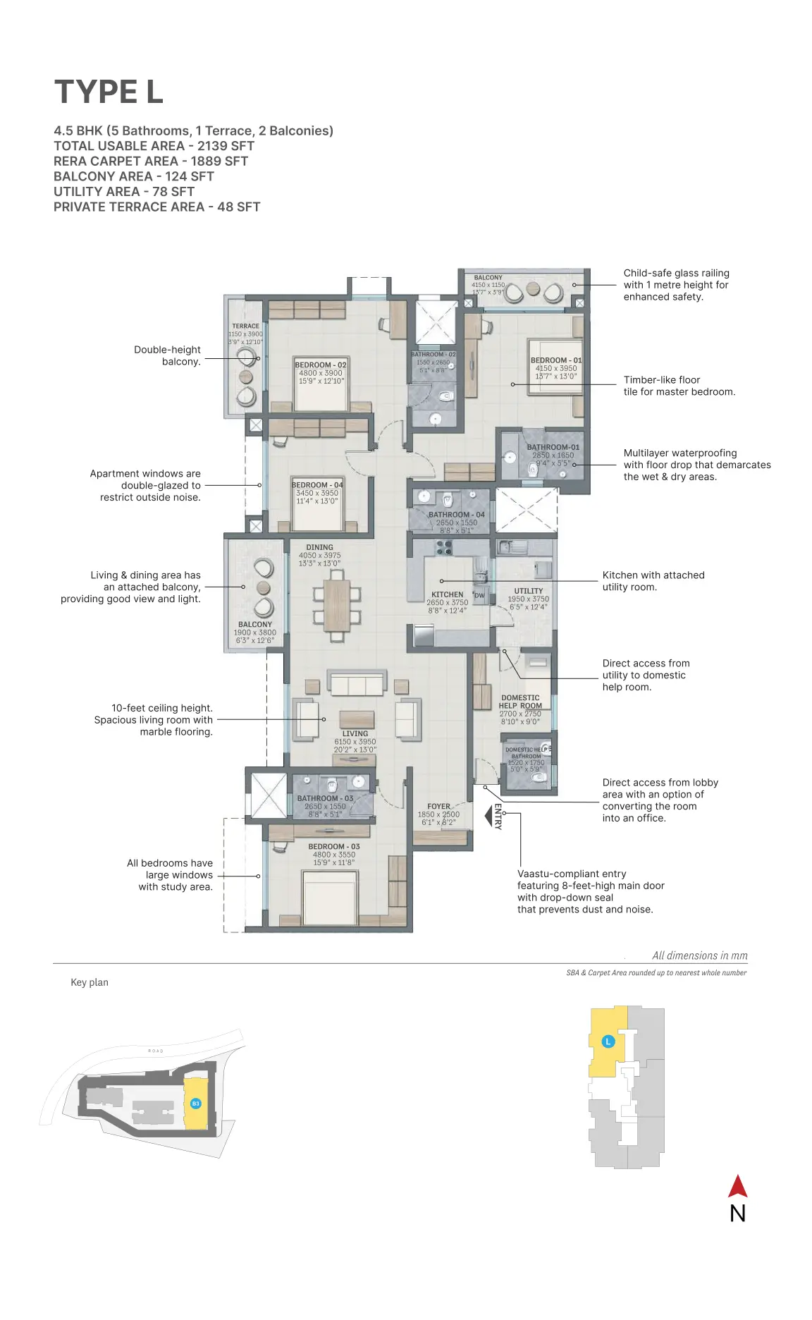 SOBHA Nesara Type L floor plan — 4.5 BHK apartment, 2,139 sq.ft. saleable, Kothrud Pune