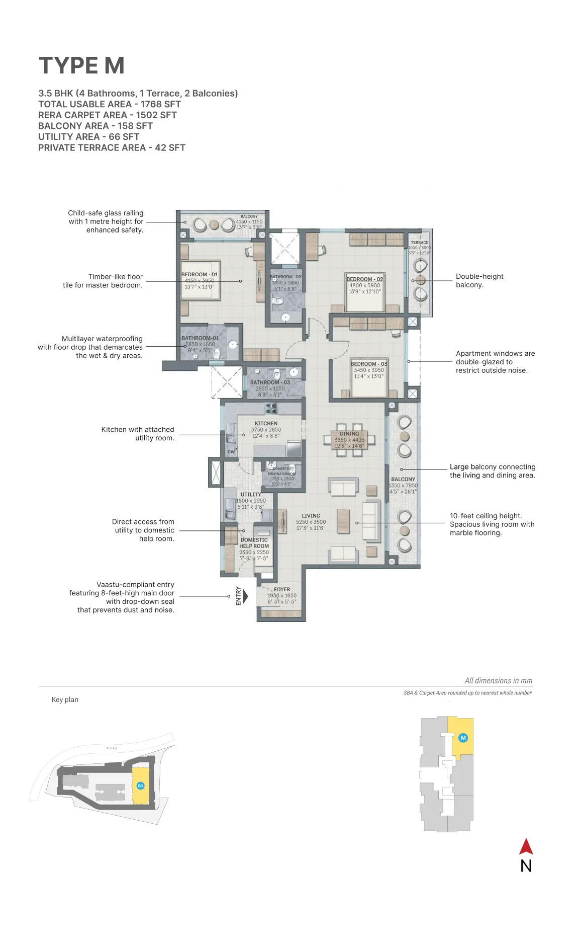 SOBHA Nesara Type M floor plan — 3.5 BHK apartment with terrace, 1,768 sq.ft. saleable