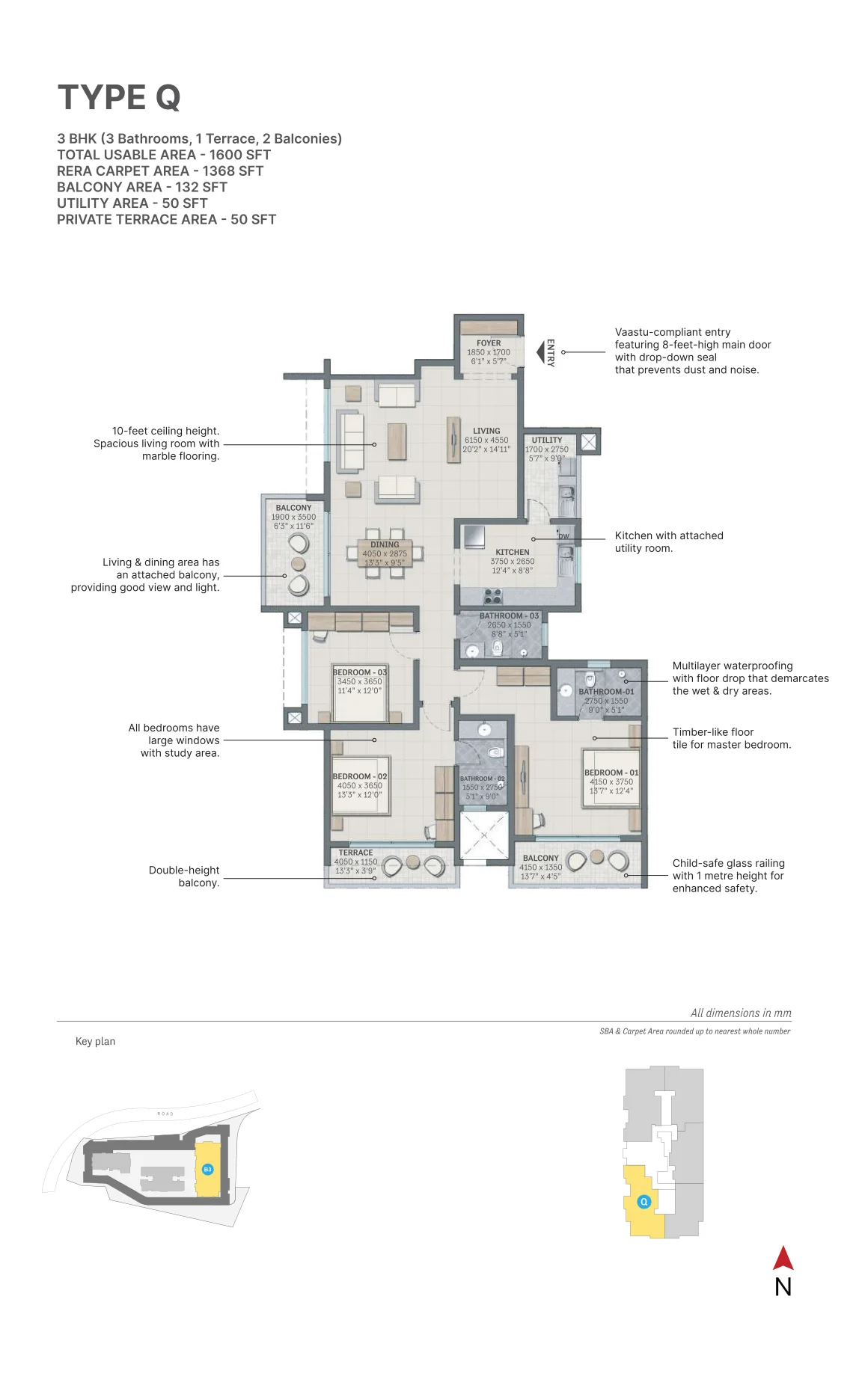 SOBHA Nesara Type Q floor plan — largest 3 BHK layout, 1,600 sq.ft. saleable