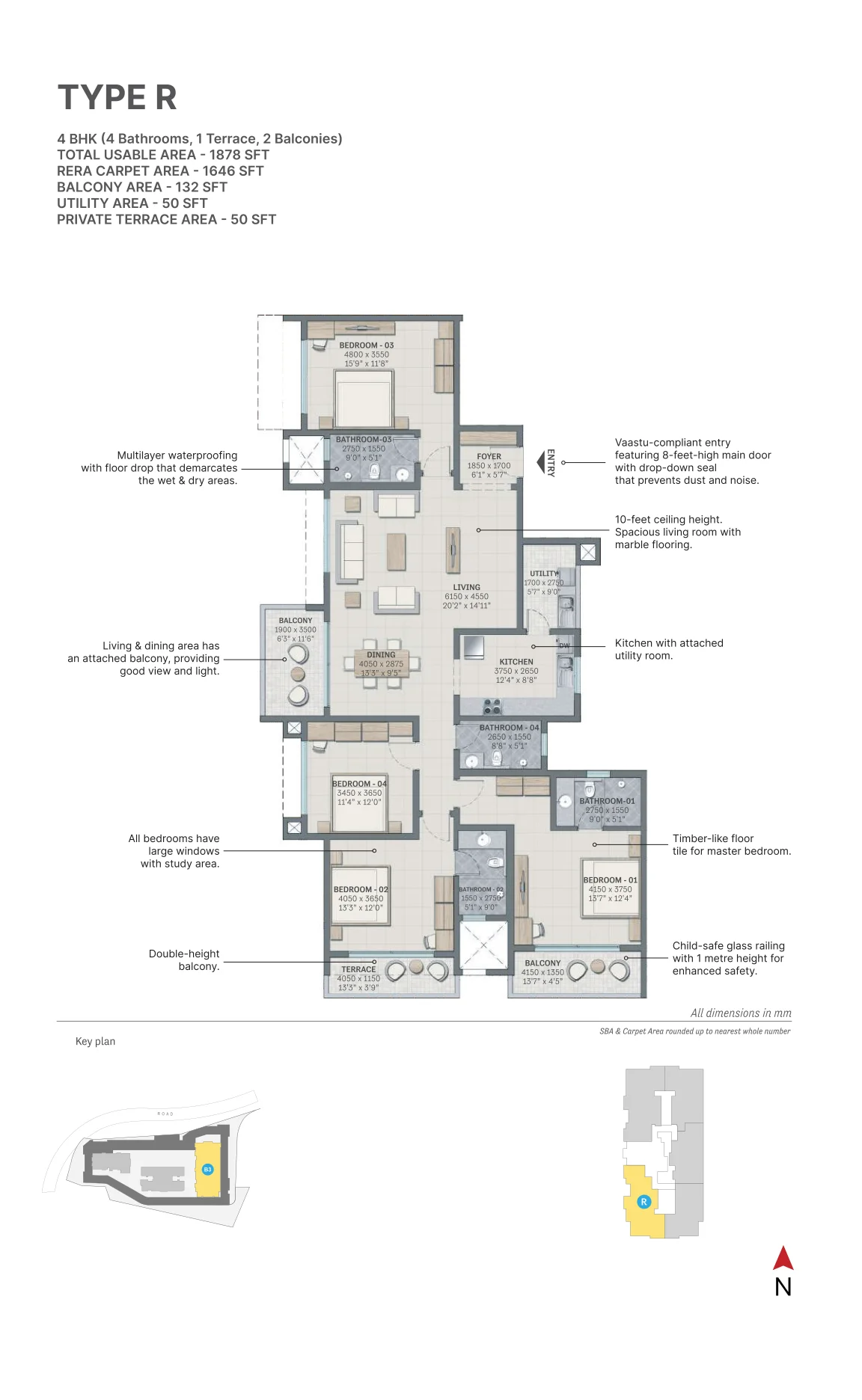 SOBHA Nesara Type R floor plan — 4 BHK apartment with terrace, 1,878 sq.ft. saleable