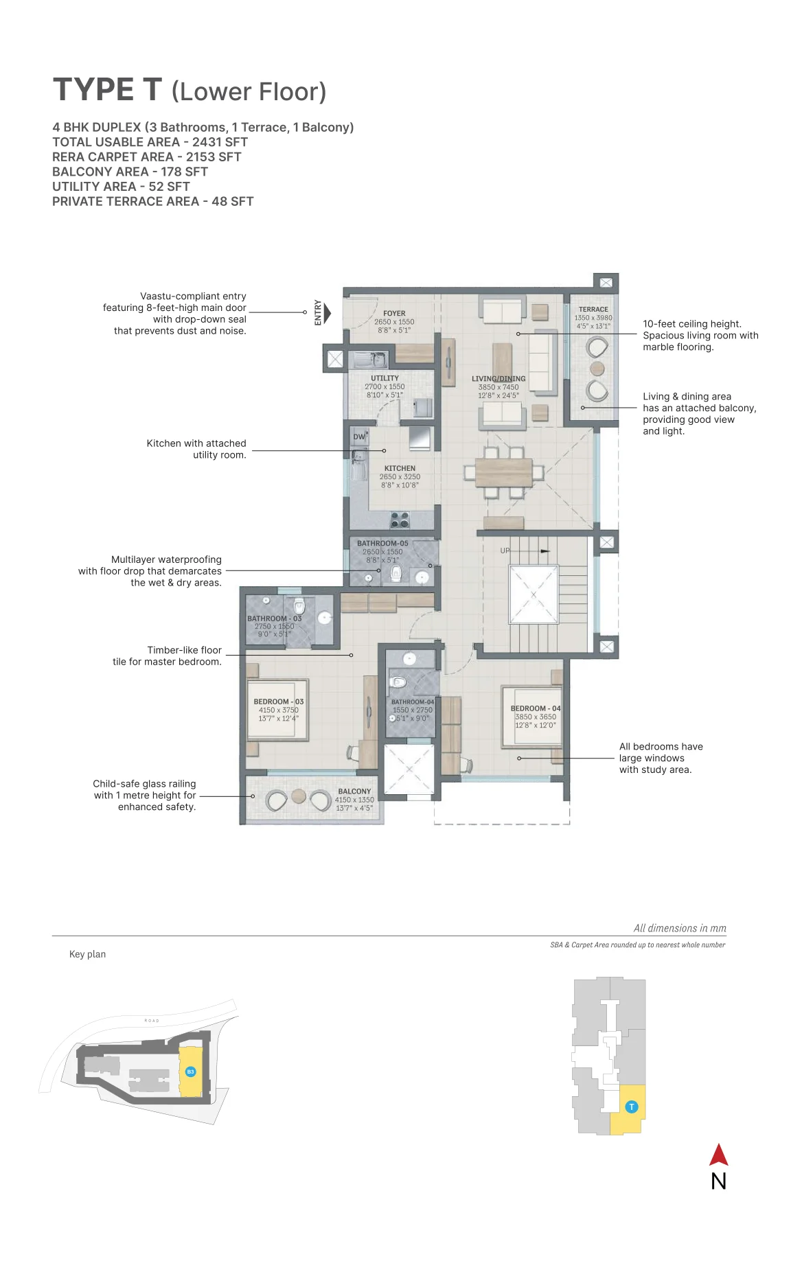 SOBHA Nesara Type T duplex floor plan — lower floor with living, dining and kitchen