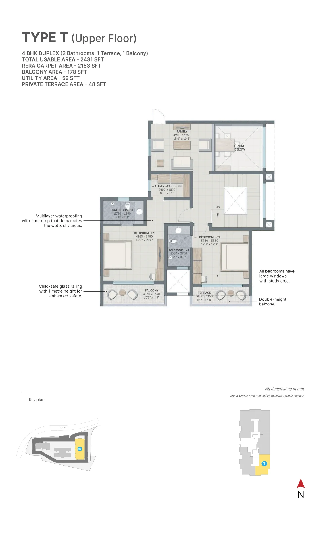 SOBHA Nesara Type T duplex floor plan — upper floor with family lounge and bedrooms