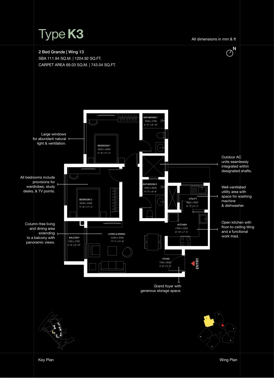 Sobha One World 2 BHK apartment floor plan Type K3