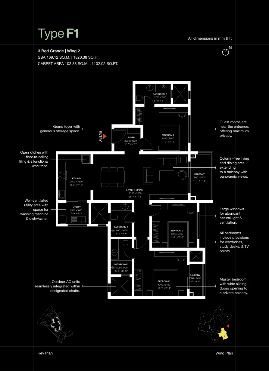 Sobha One World 3 BHK apartment floor plan Type F1
