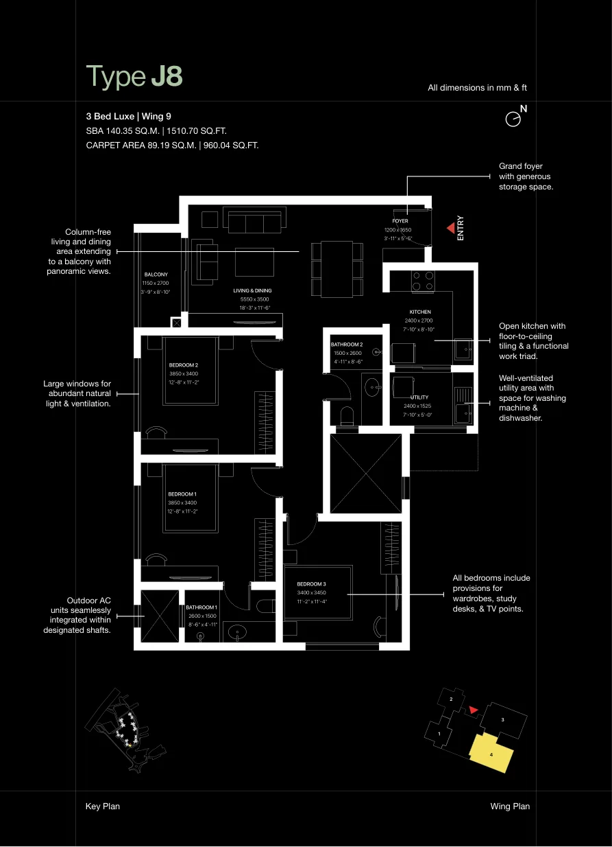 Sobha One World 3 BHK apartment floor plan Type J8