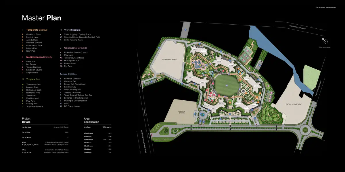 Sobha One World master plan showing 14 towers, One Club, landscape zones and site layout on Old Madras Road, Hoskote