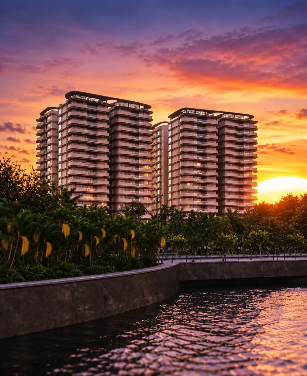 SOBHA Waterfront towers at sunset facing Hussain Sagar Lake, Somajiguda, Hyderabad