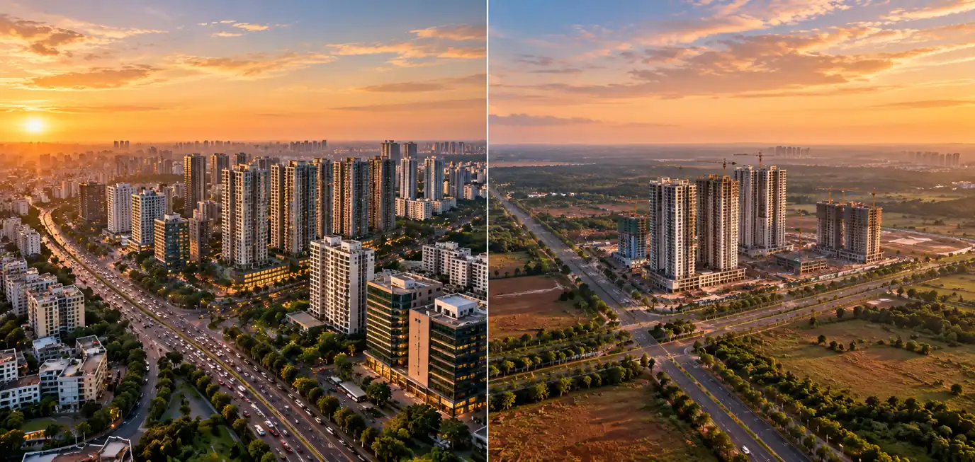 Aerial comparison of a dense established Bangalore corridor beside an emerging open-land growth corridor at sunset
