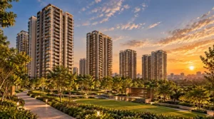 North Bangalore residential township with high-rise towers and landscaped gardens at sunset