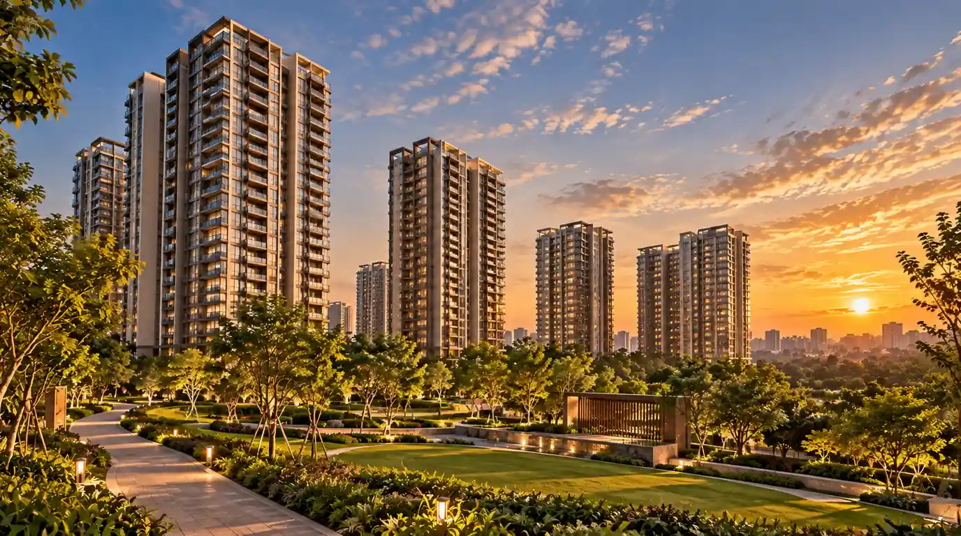 North Bangalore residential township with high-rise towers and landscaped gardens at sunset