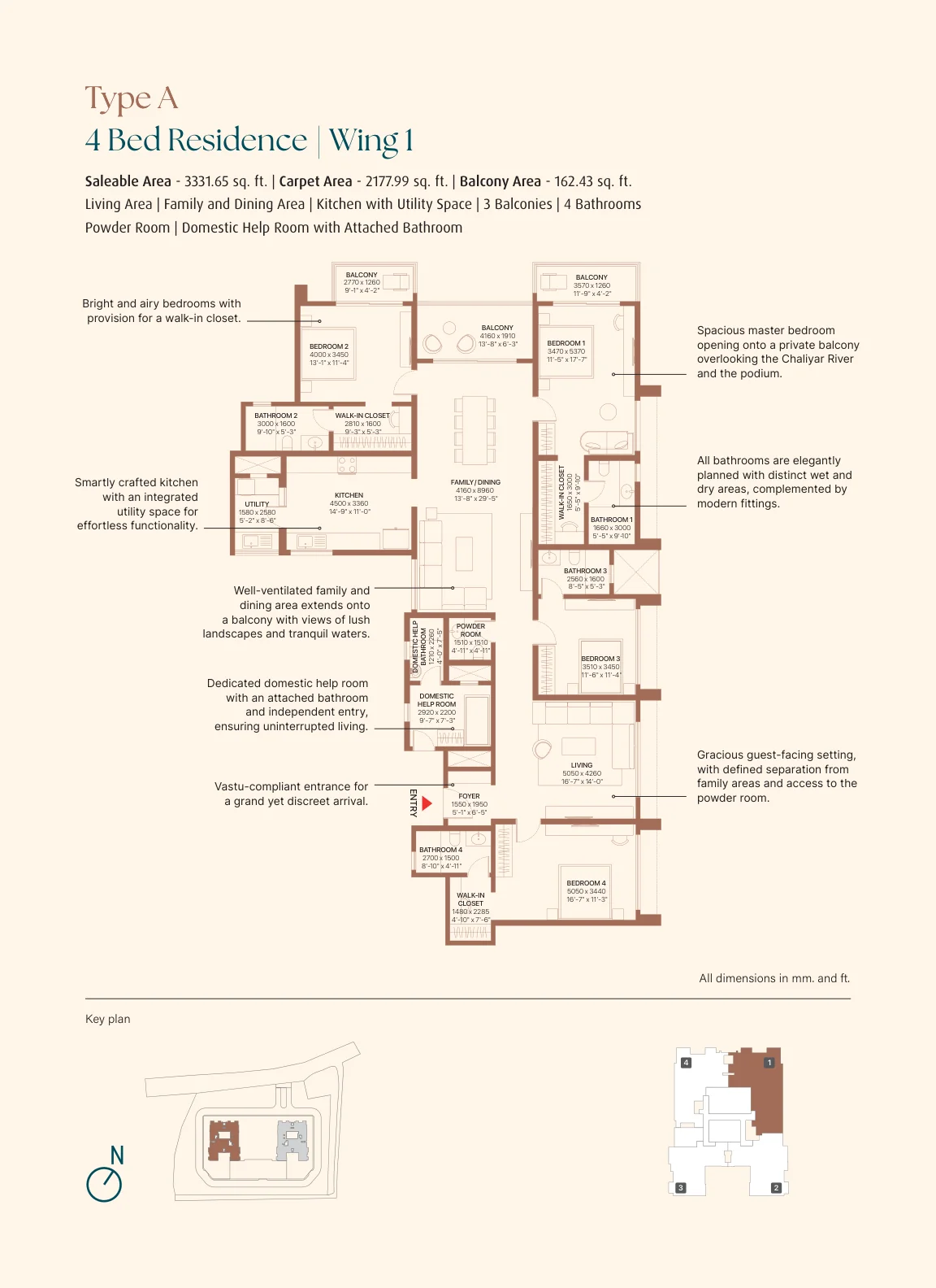 Sobha Bellevue Type A 4BHK floor plan in Kozhikode with family room and help room