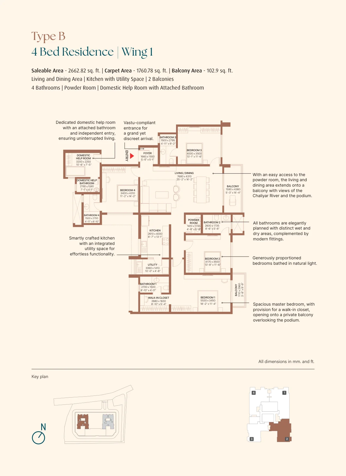 Sobha Bellevue Type B 4BHK floor plan in Kozhikode with domestic help room
