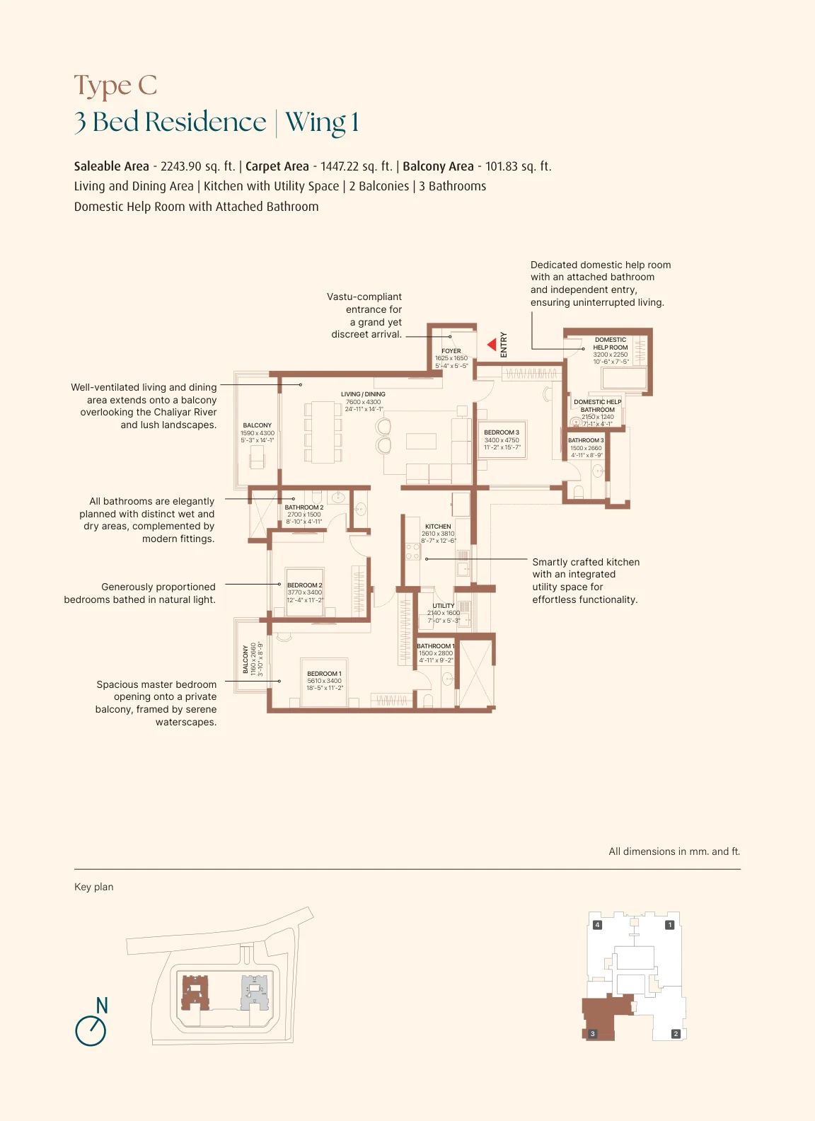 Sobha Bellevue Type C 3BHK floor plan in Kozhikode with domestic help room