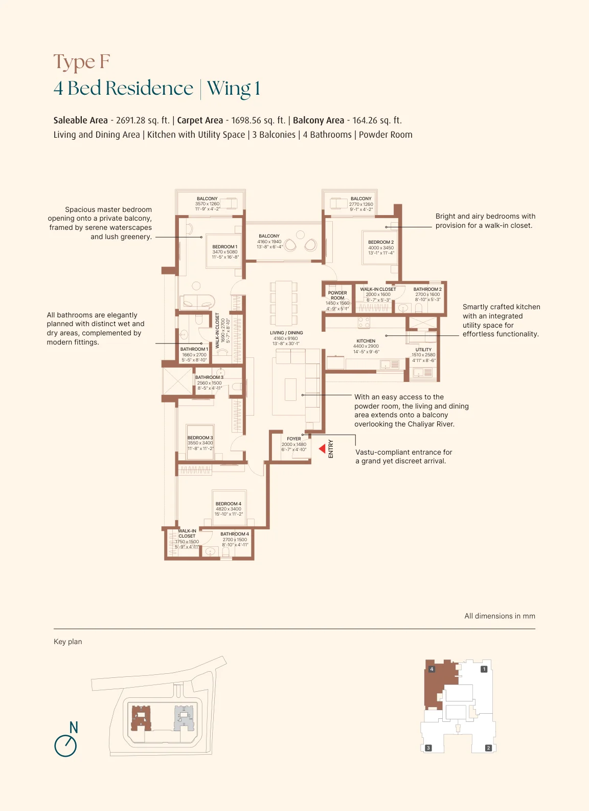 Sobha Bellevue Type F 4BHK floor plan in Kozhikode, no domestic help room