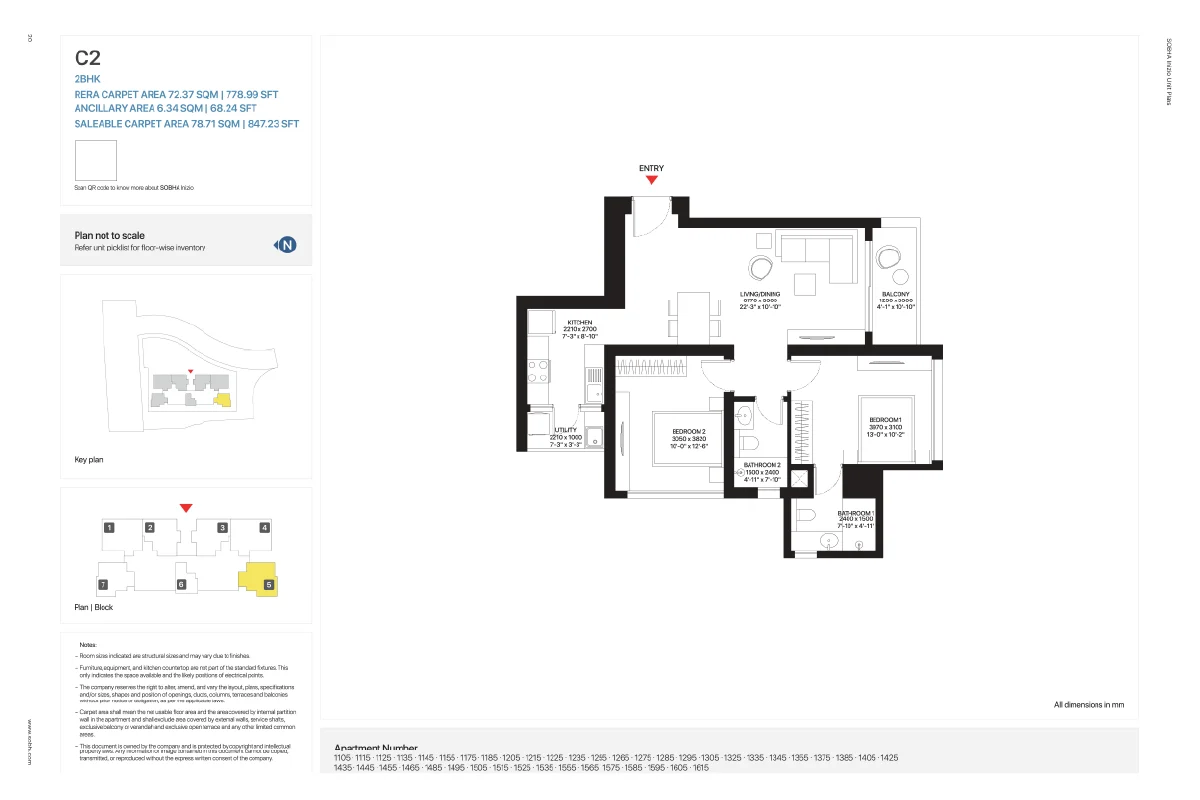 2BHK Floor plan of Sobha Inizio