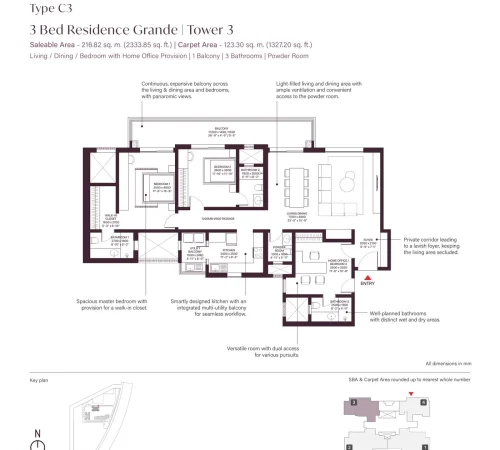 sobha-crescent-floorplan-C3-3bhk-homeoffice